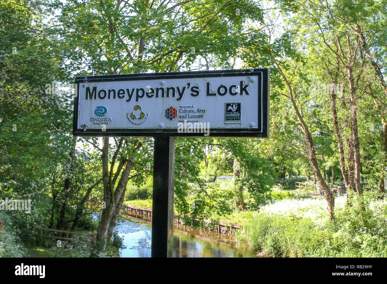 Towpath sign for lock at Moneypenny's Lock on the Newry Canal, Northern Ireland. Stock Photo