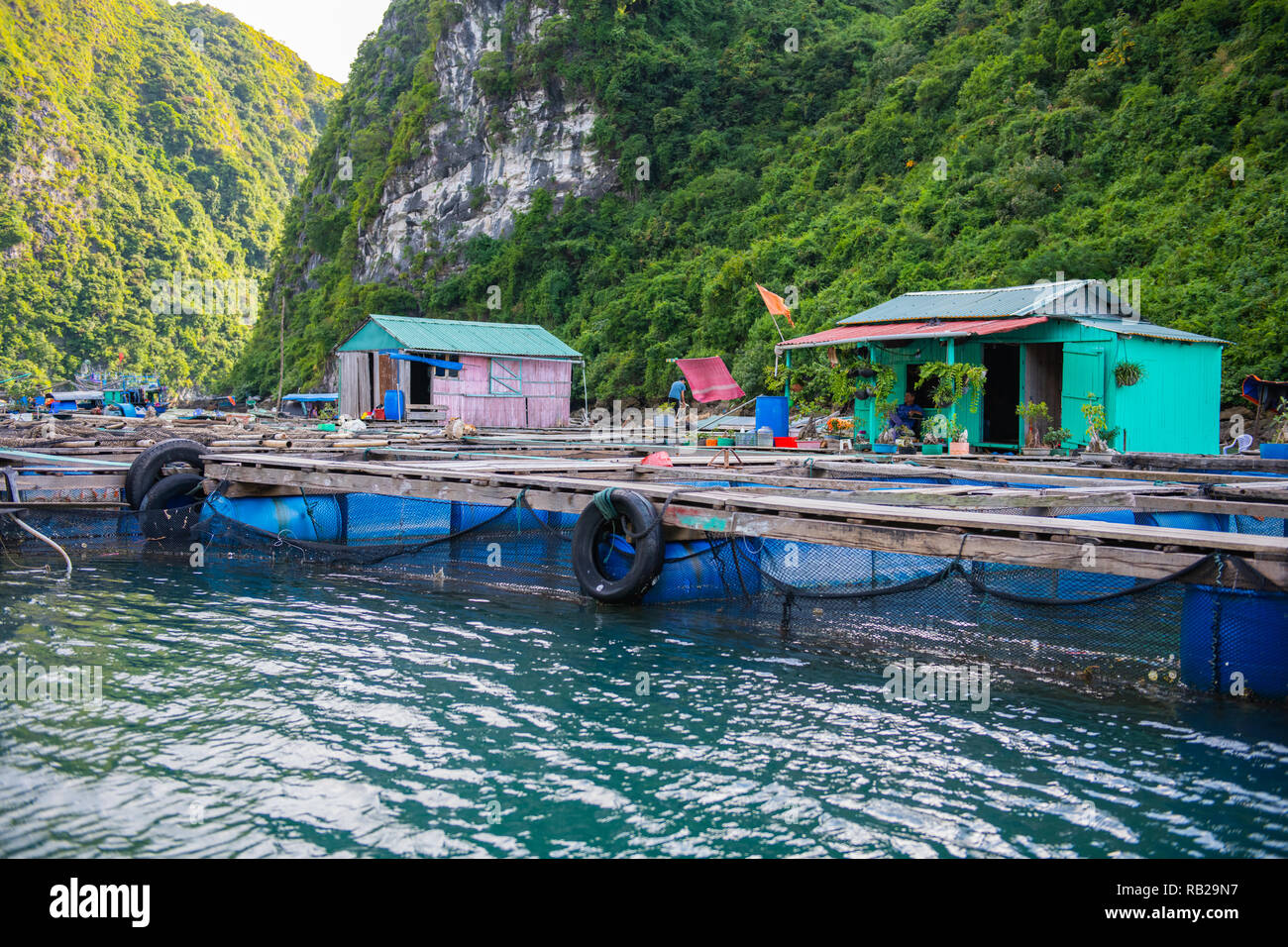 View of floating fishing village, Halong Bay, Vietnam Stock Photo