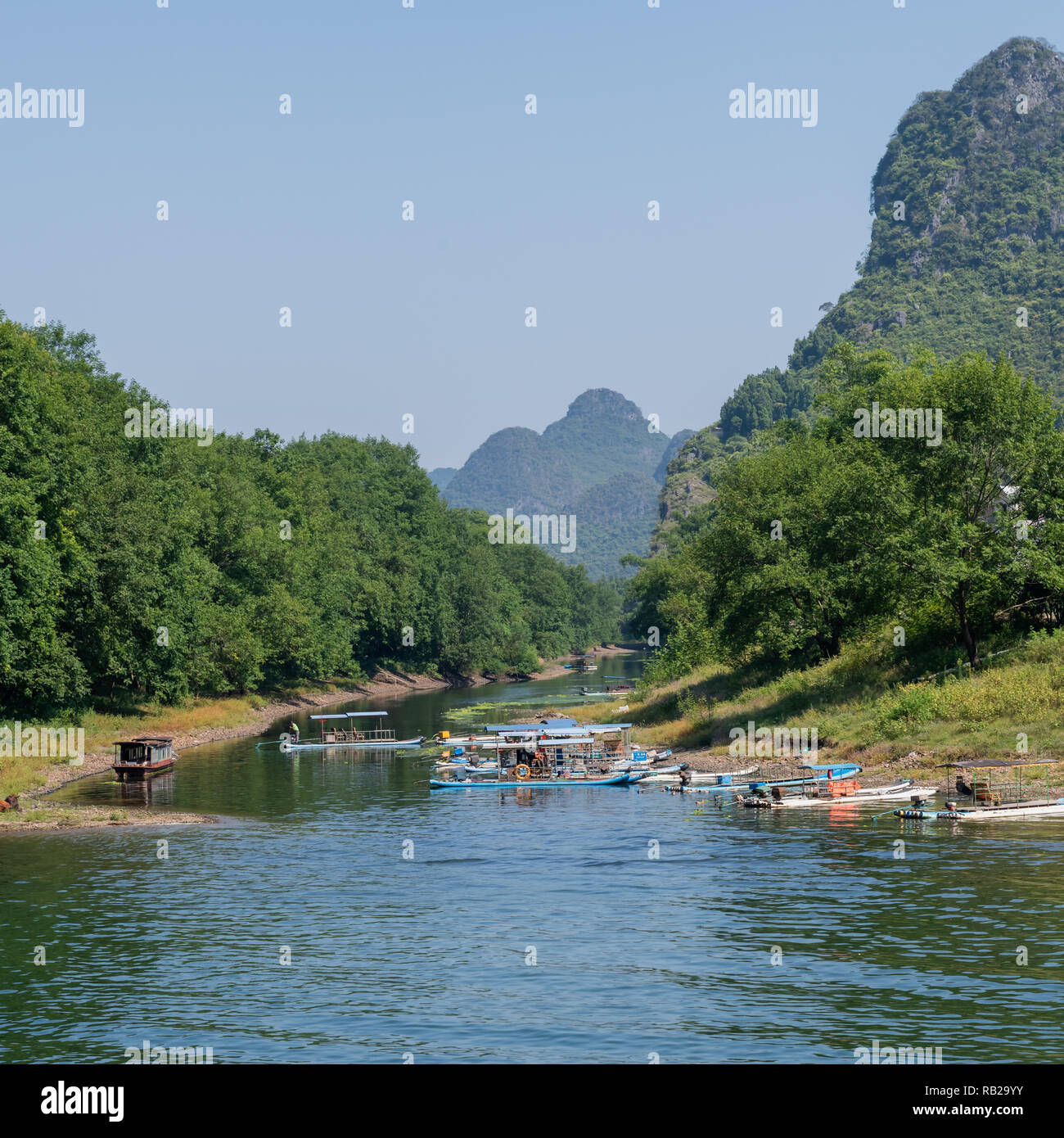 Lijiang river, China, small fishing fleets moored in backwater Stock Photo