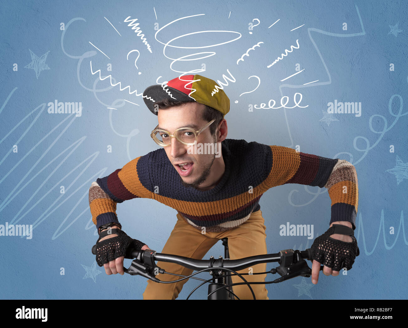 Young foolish crazy rider with doodle on the background Stock Photo - Alamy