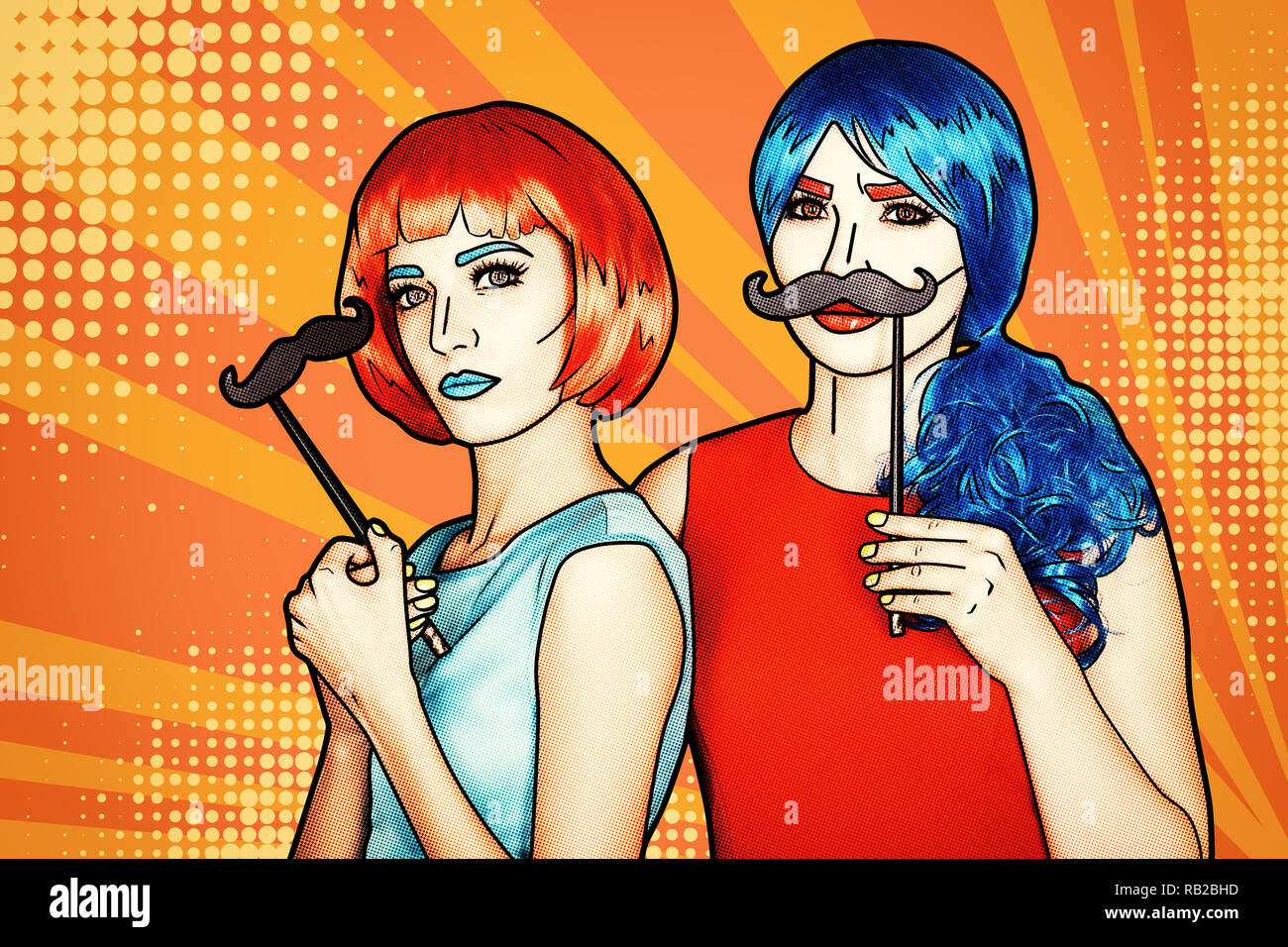 Portrait of young women in comic pop art make-up style. Females in red and blue wigs on yellow - orange cartoon background. Girls with false moustashe Stock Photo