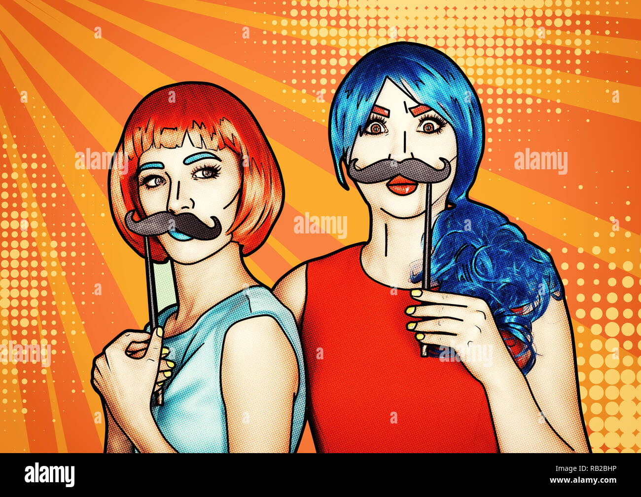 Portrait of young women in comic pop art make-up style. Females in red and blue wigs on yellow - orange cartoon background. Girls with false moustashe Stock Photo