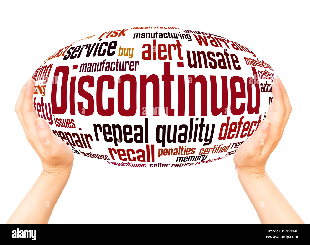 Discontinued word cloud hand sphere concept on white background. Stock Photo