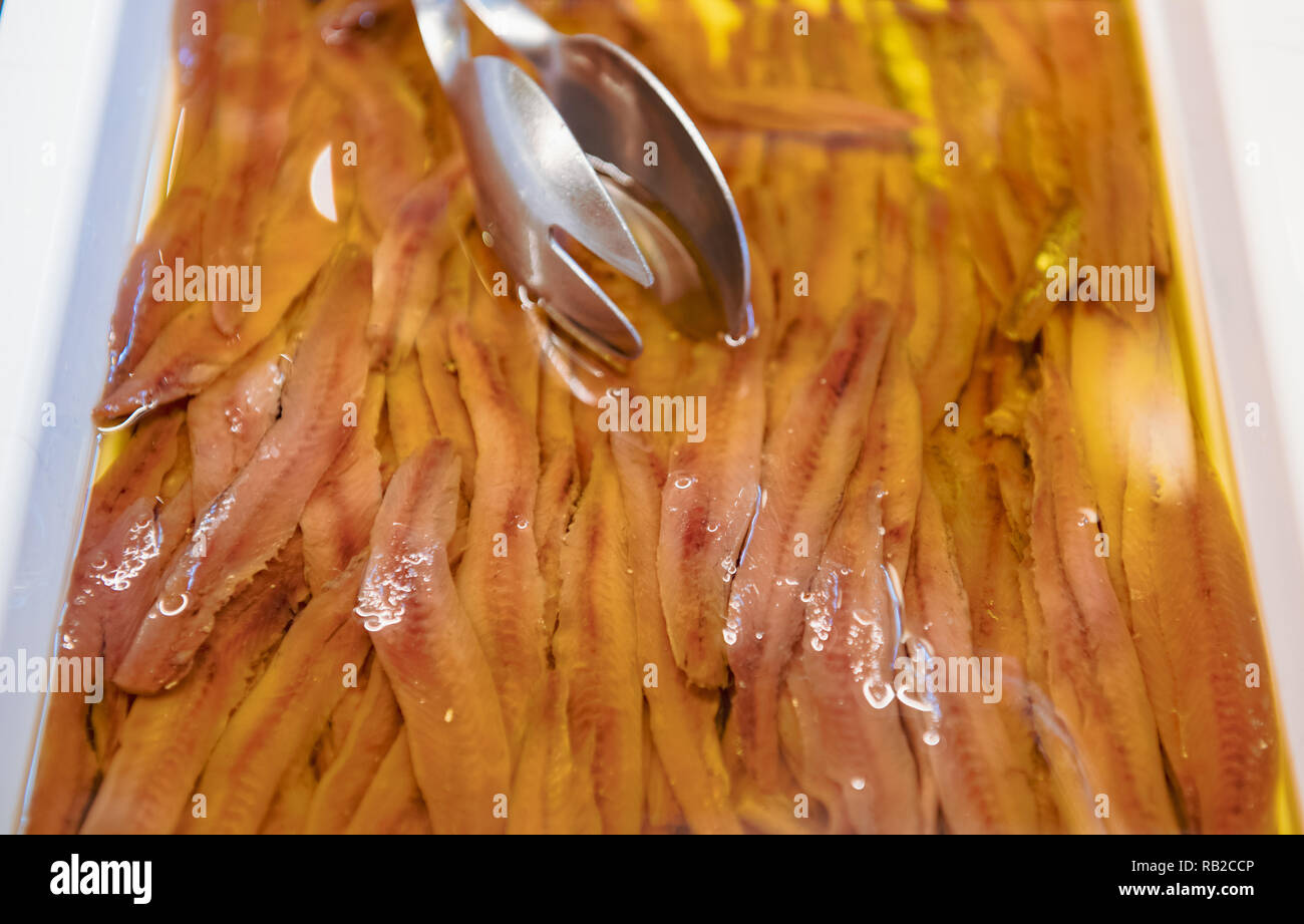 Large number of prepared anchovy fish marinated in oil  display for sale in deli shop, food background Stock Photo