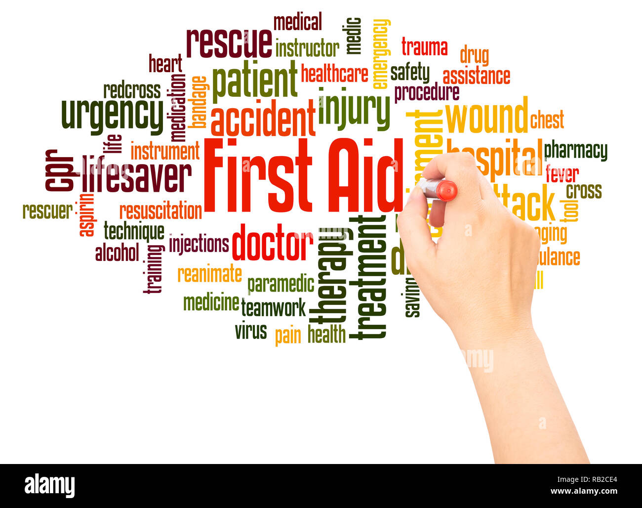 First aid word cloud hand writing concept on white background Stock