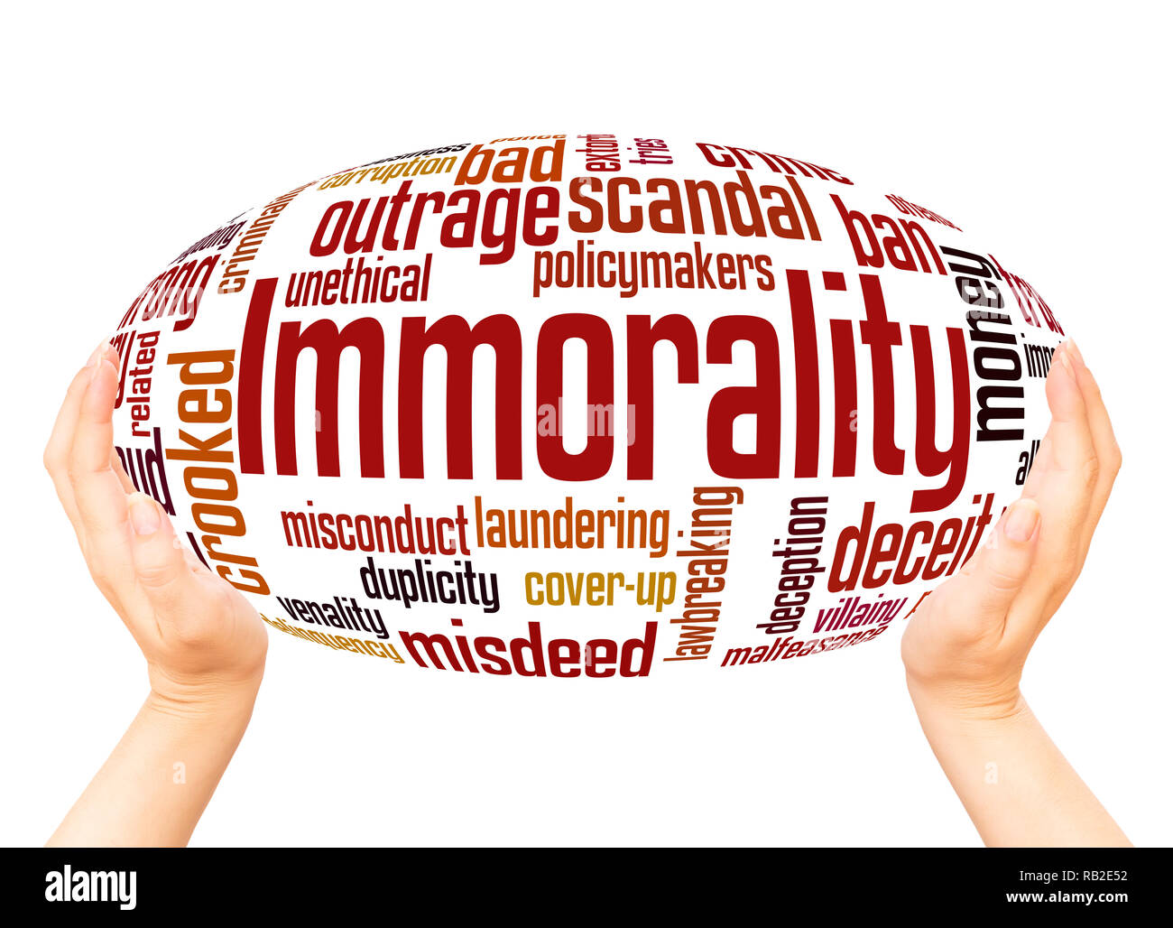 Immorality word cloud hand sphere concept on white background. Stock Photo