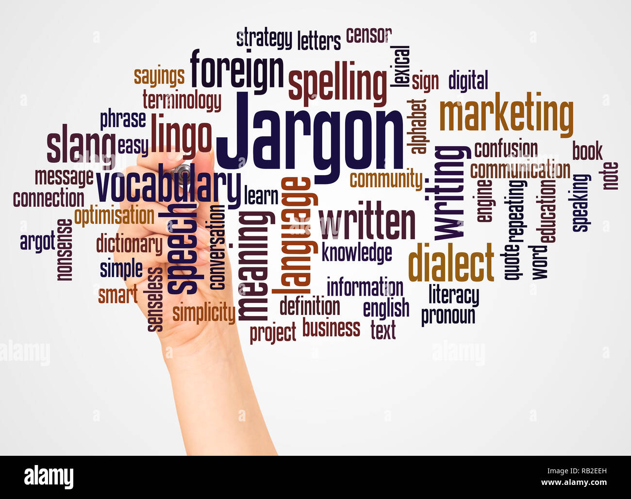 Jargon word cloud and hand with marker concept on white background. Stock Photo