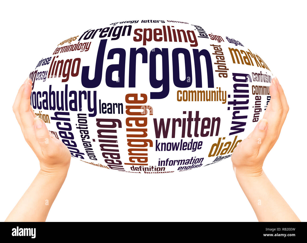 Jargon word cloud hand sphere concept on white background. Stock Photo