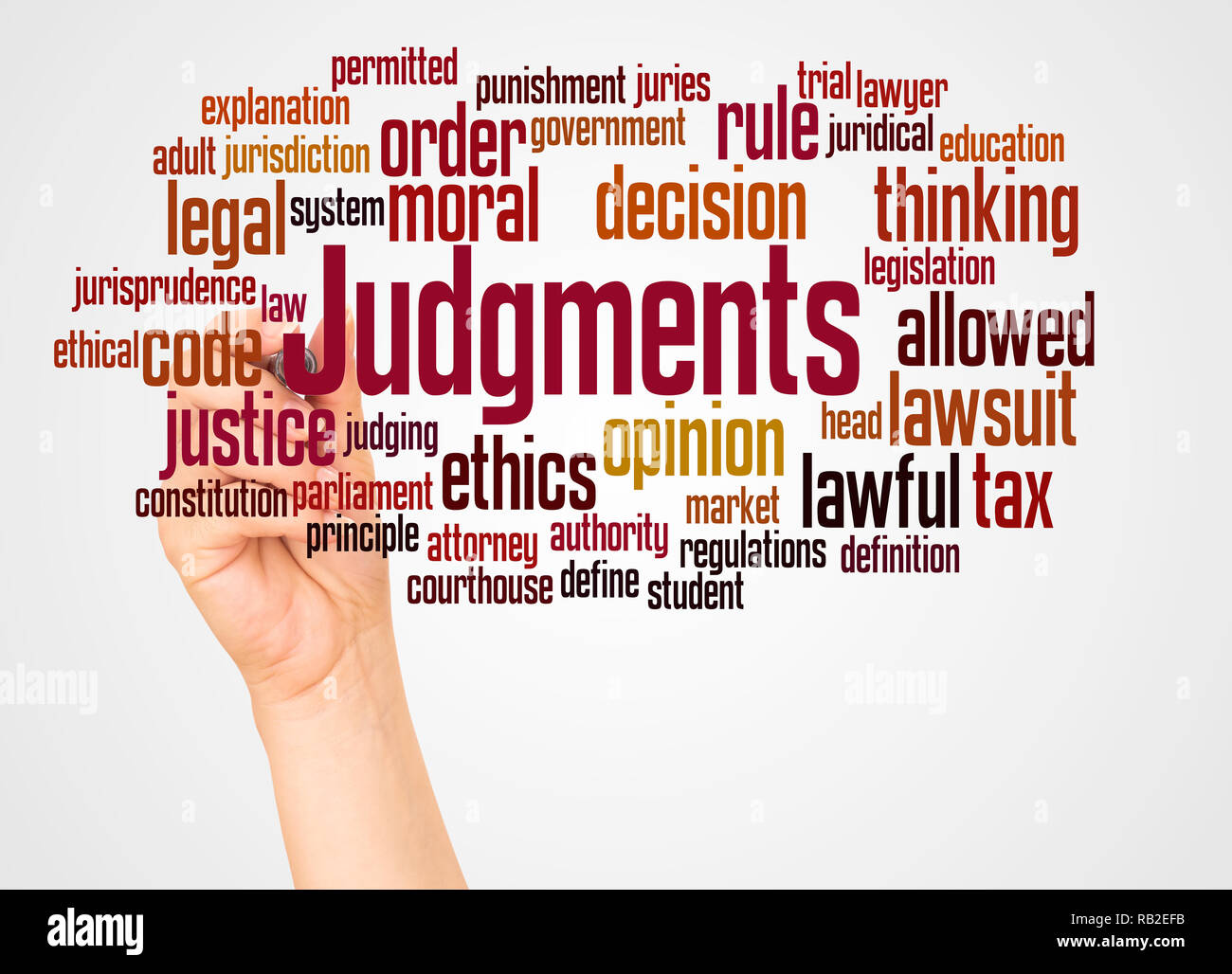 Judgments, word cloud and hand with marker concept on white background. Stock Photo