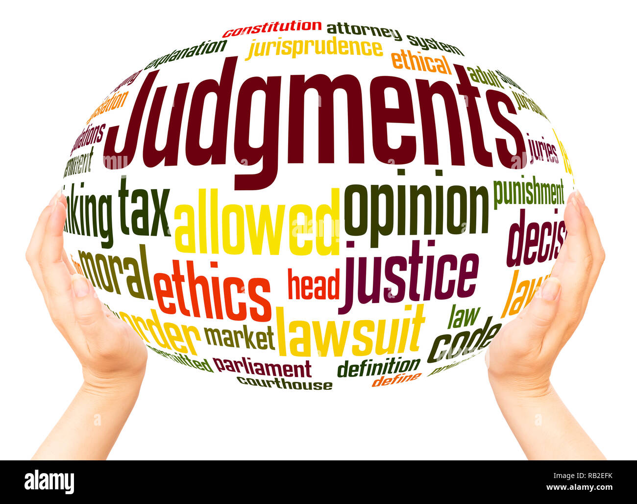 Judgments word cloud hand sphere concept on white background. Stock Photo
