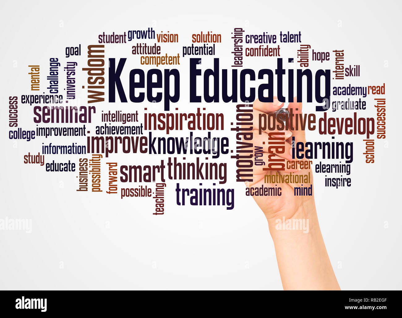 Keep Educating Word Cloud And Hand With Marker Concept On White ...