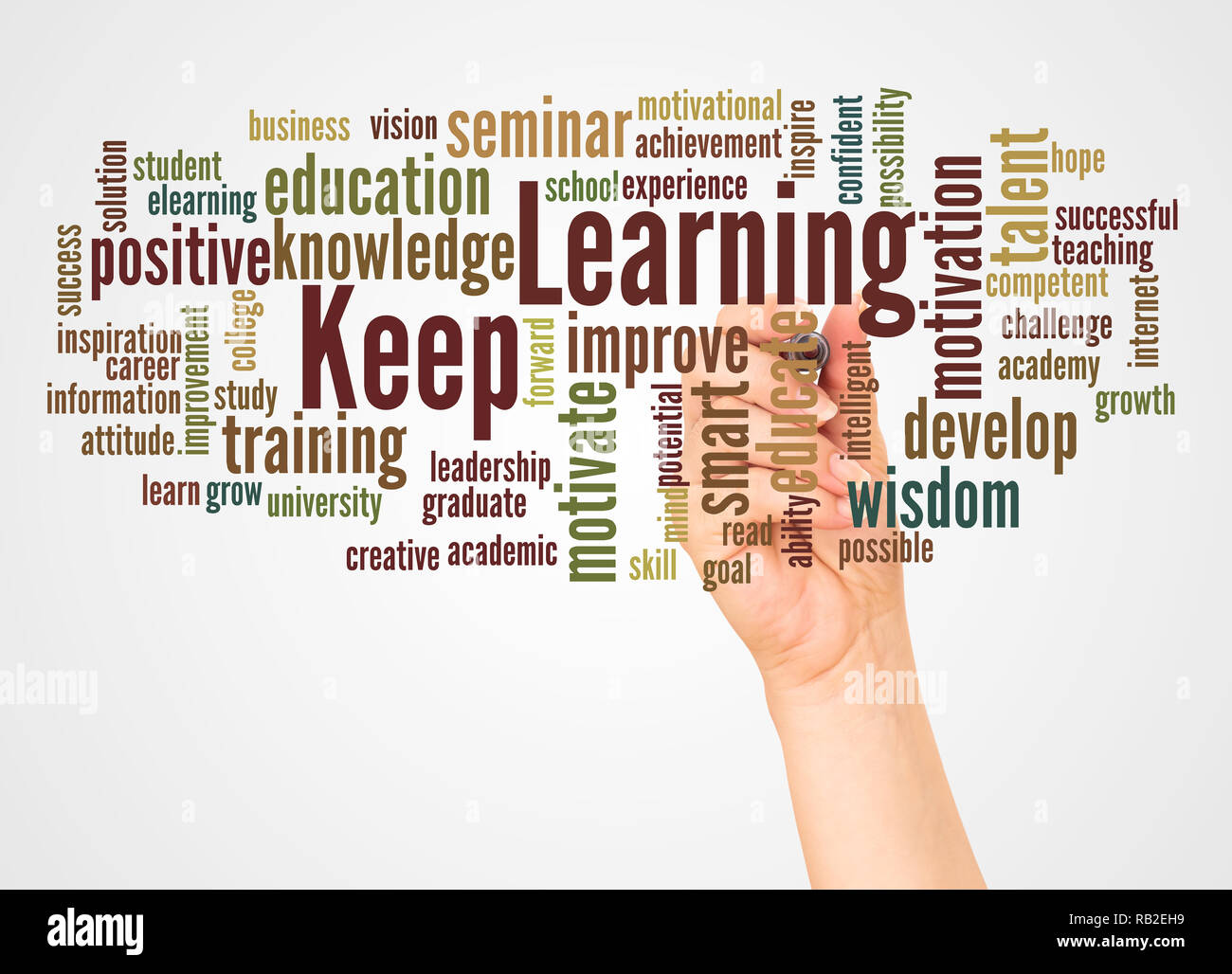 Keep Learning word cloud and hand with marker concept on white background. Stock Photo