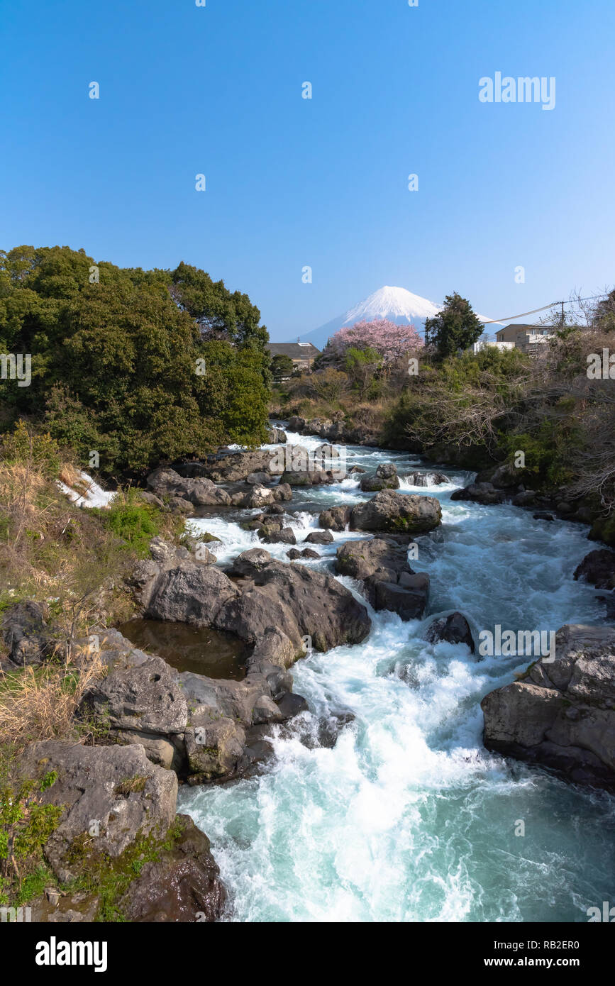 View of Mount Fuji with Uruigawa River at Ryuganbuchi, Shizuoka, Japan. Stock Photo