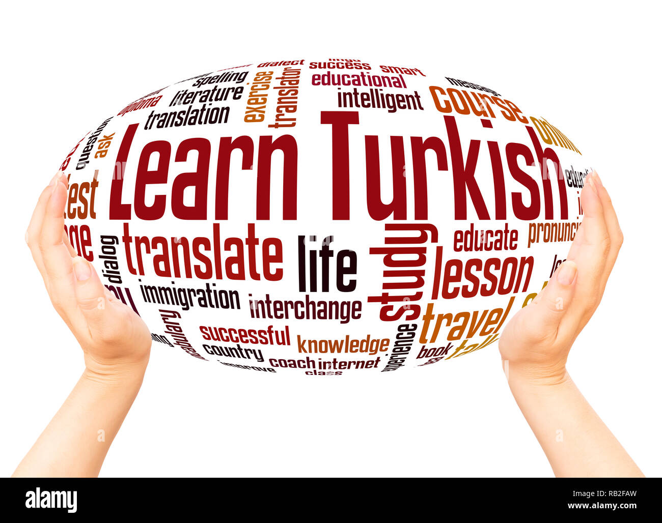 Learn Turkish word cloud hand sphere concept on white background. Stock Photo