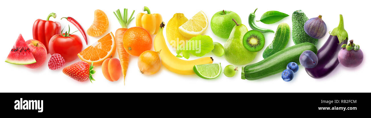 Isolated fruits in a line. Rainbow made of fresh fruits and vegetables isolated on white background with clipping path Stock Photo