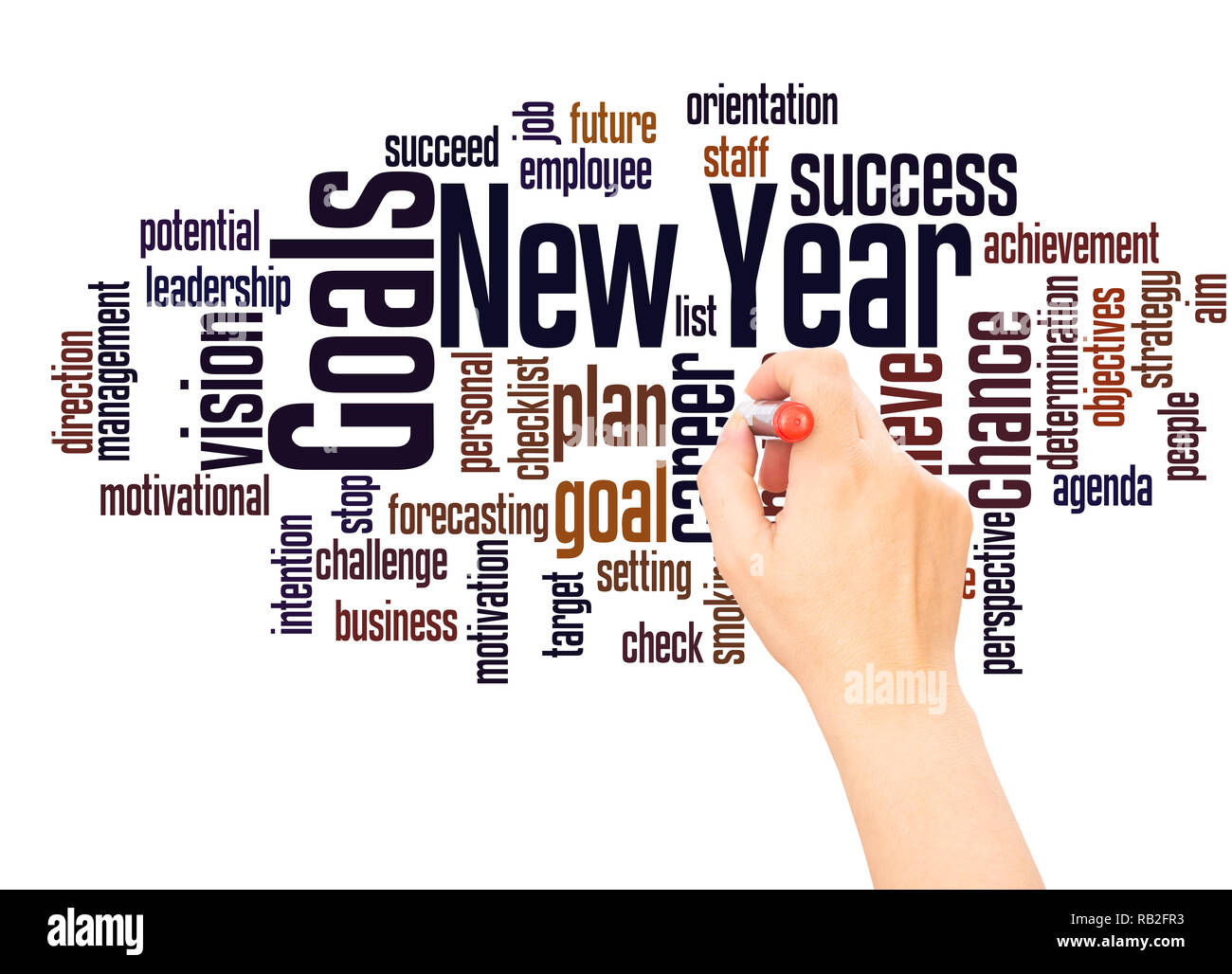 New Year Goals word cloud and hand with marker concept on white ...