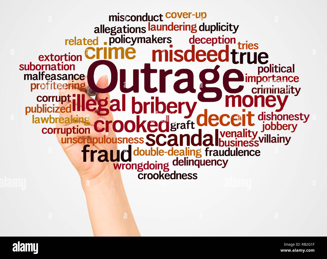 Outrage word cloud and hand with marker concept on white background