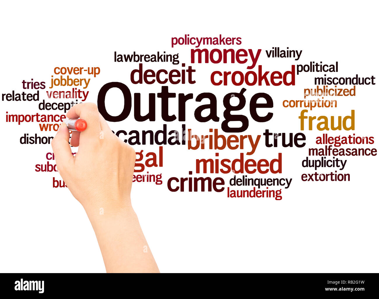 Outrage word cloud hand writing concept on white background. Stock Photo