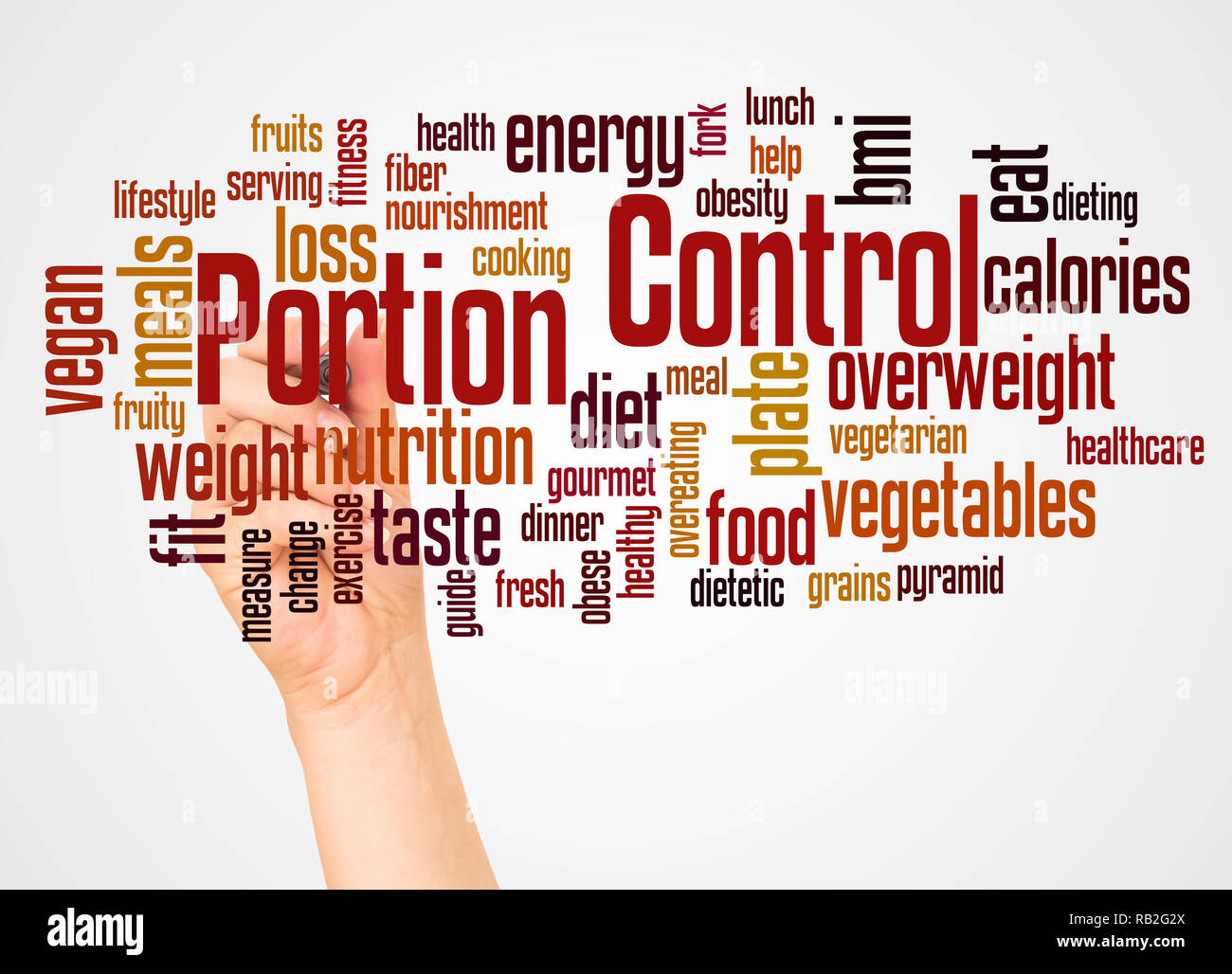 Portion Control word cloud and hand with marker concept on white background. Stock Photo