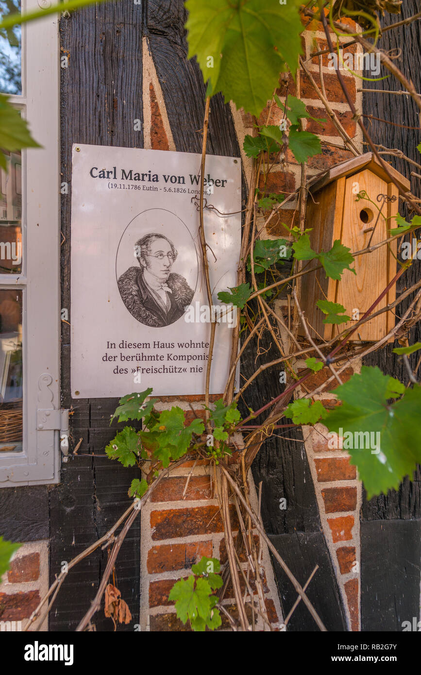Plaque commemorating the composer Carl Maria von Weber, saying the composer didi not live in this house, Eutin, Schleswig-Holstein, Germany Stock Photo