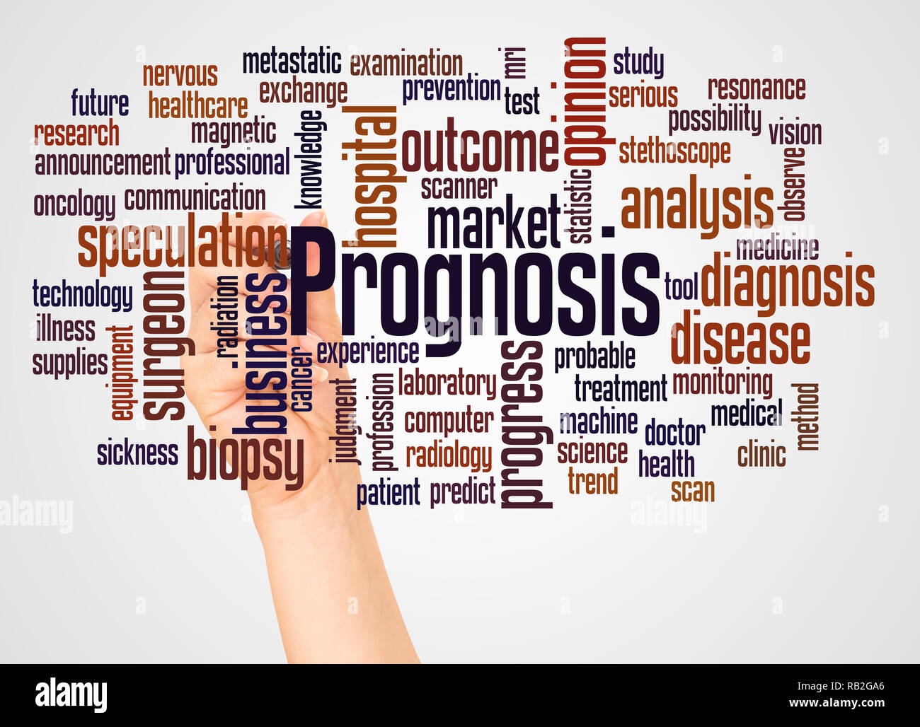 Prognosis word cloud and hand with marker concept on white background. Stock Photo