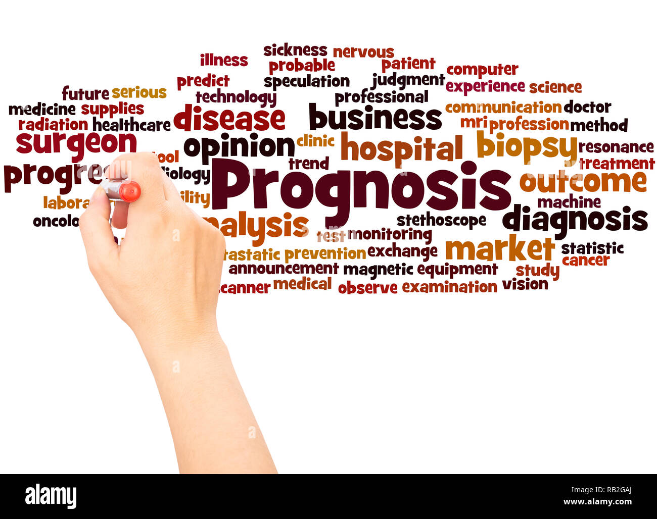 Prognosis word cloud hand writing concept on white background. Stock Photo