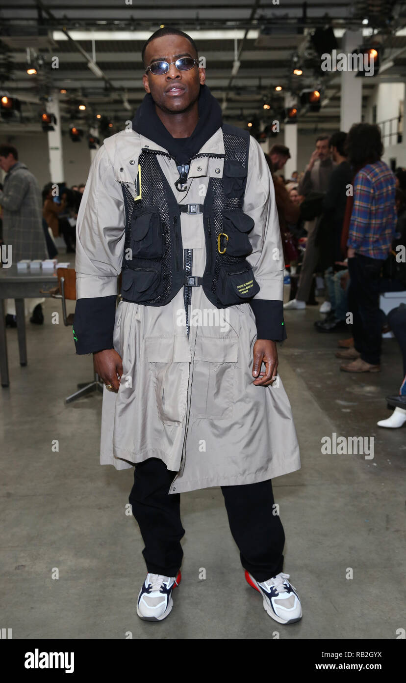 Chris Reid on the row the PRIVATE POLICY presented by GQ at London Fashion Week Mens AW19 show held at Show London Stock Photo - Alamy