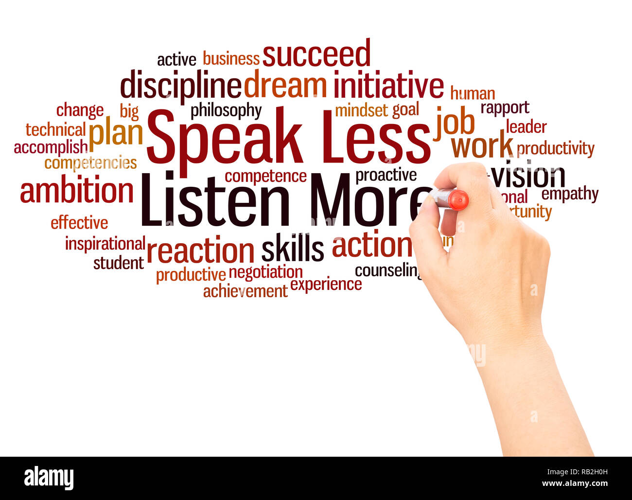 Speak Less Listen More word cloud hand writing concept on white background. Stock Photo