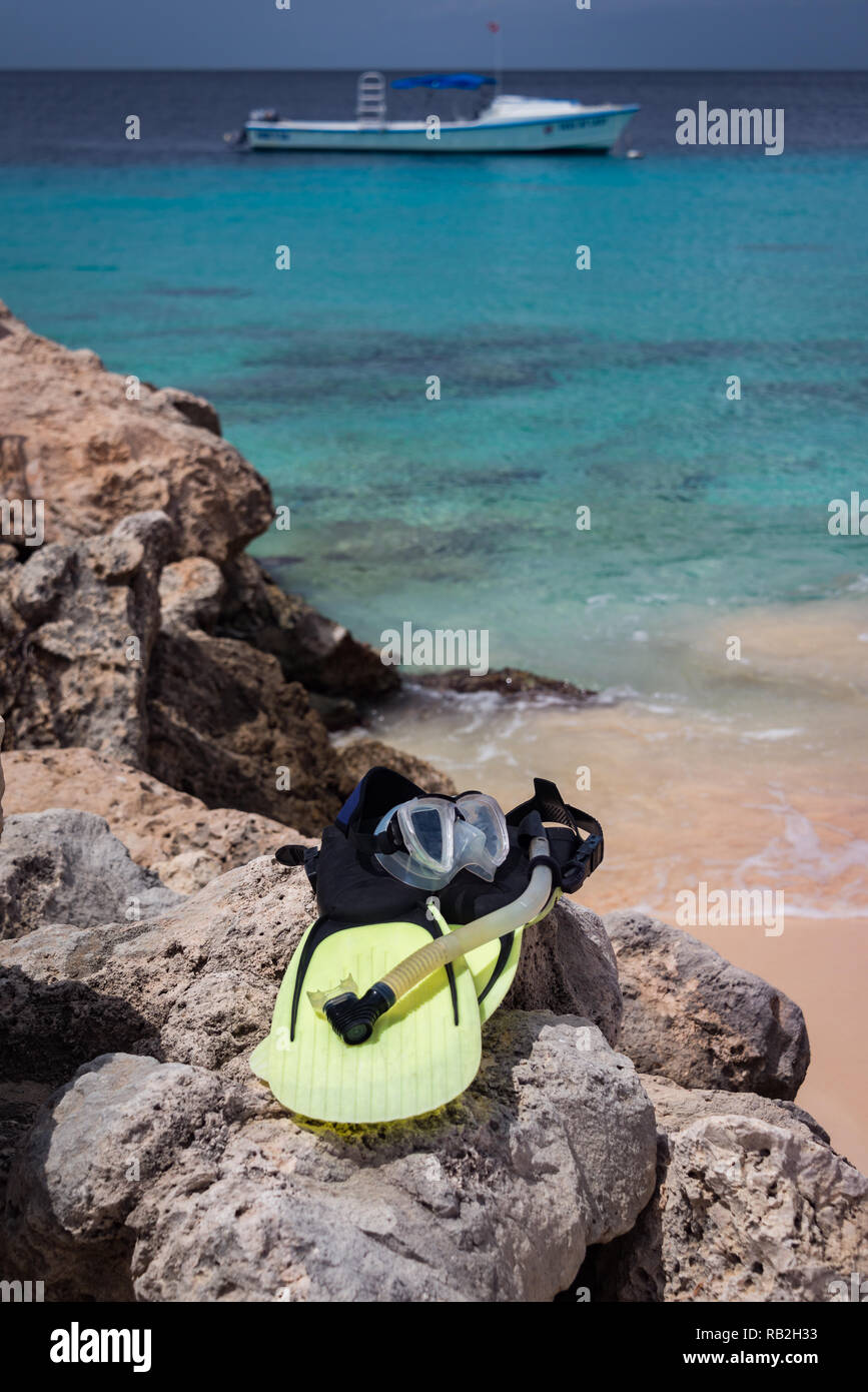 Mask and snorkel, Bonaire, Netherlands Antilles Stock Photo