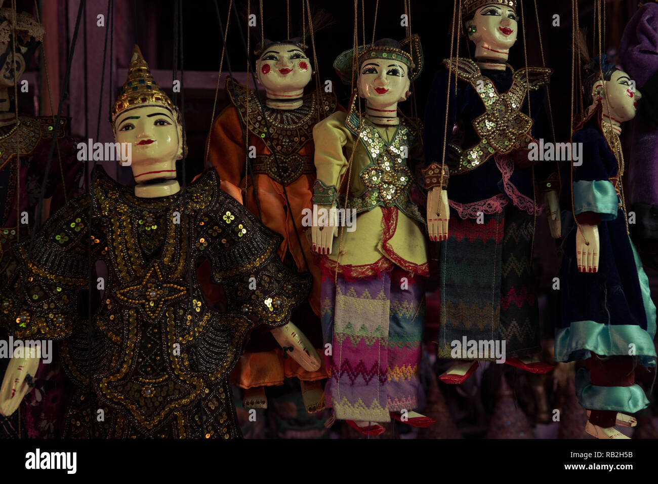 Traditional Burmese puppets on sale in Bagan, Myanmar Stock Photo