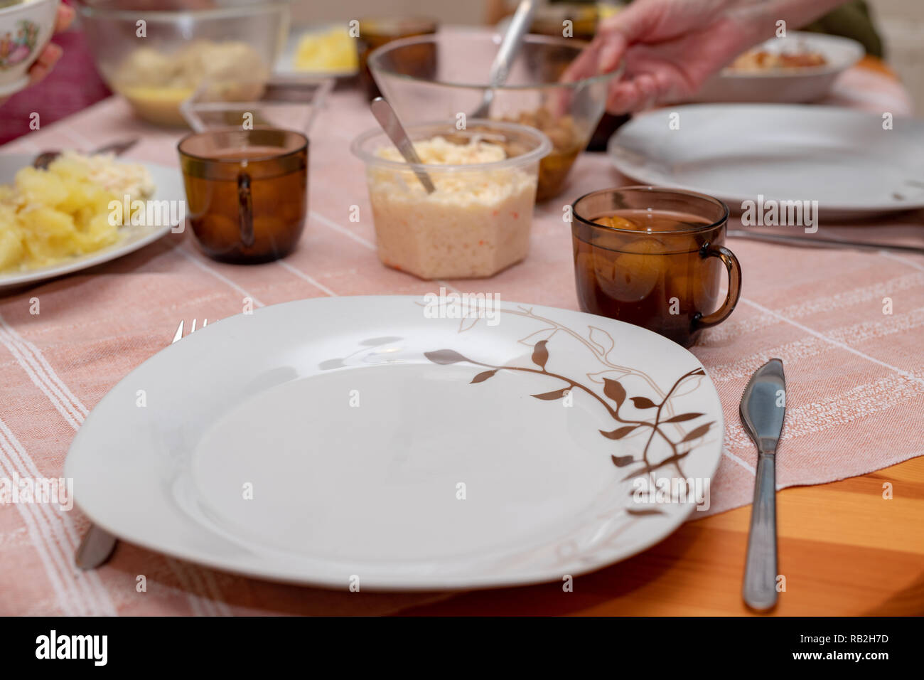Dishes prepared for a homemade dinner. Family meeting at the kitchen ...