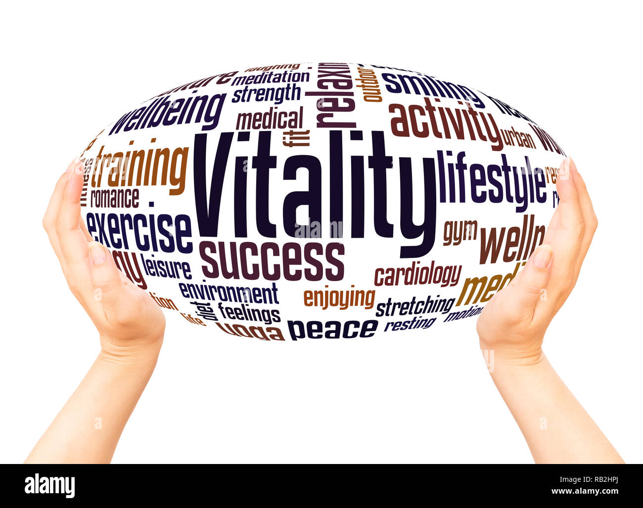 Vitality word cloud hand sphere concept on white background. Stock Photo