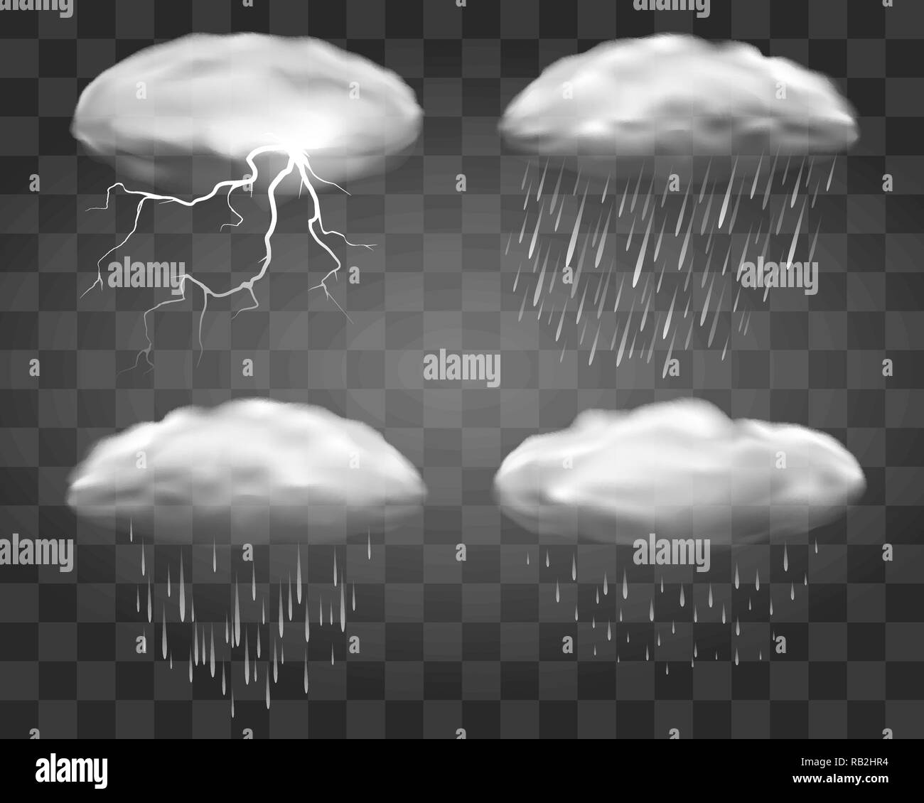 Realistic rain clouds on transparent background. Fall weather eddy clouds, vector 3d rainstorm cloud set with heavy stormy rainfall Stock Vector