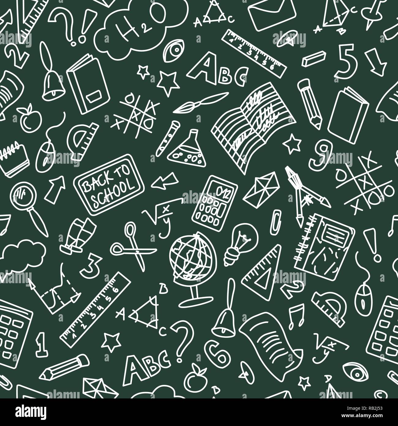 Chalkboard Back to School Doodle Seamless Pattern. Blue Ballpen Drawing on Red Line Paper. School Acessories Stock Vector
