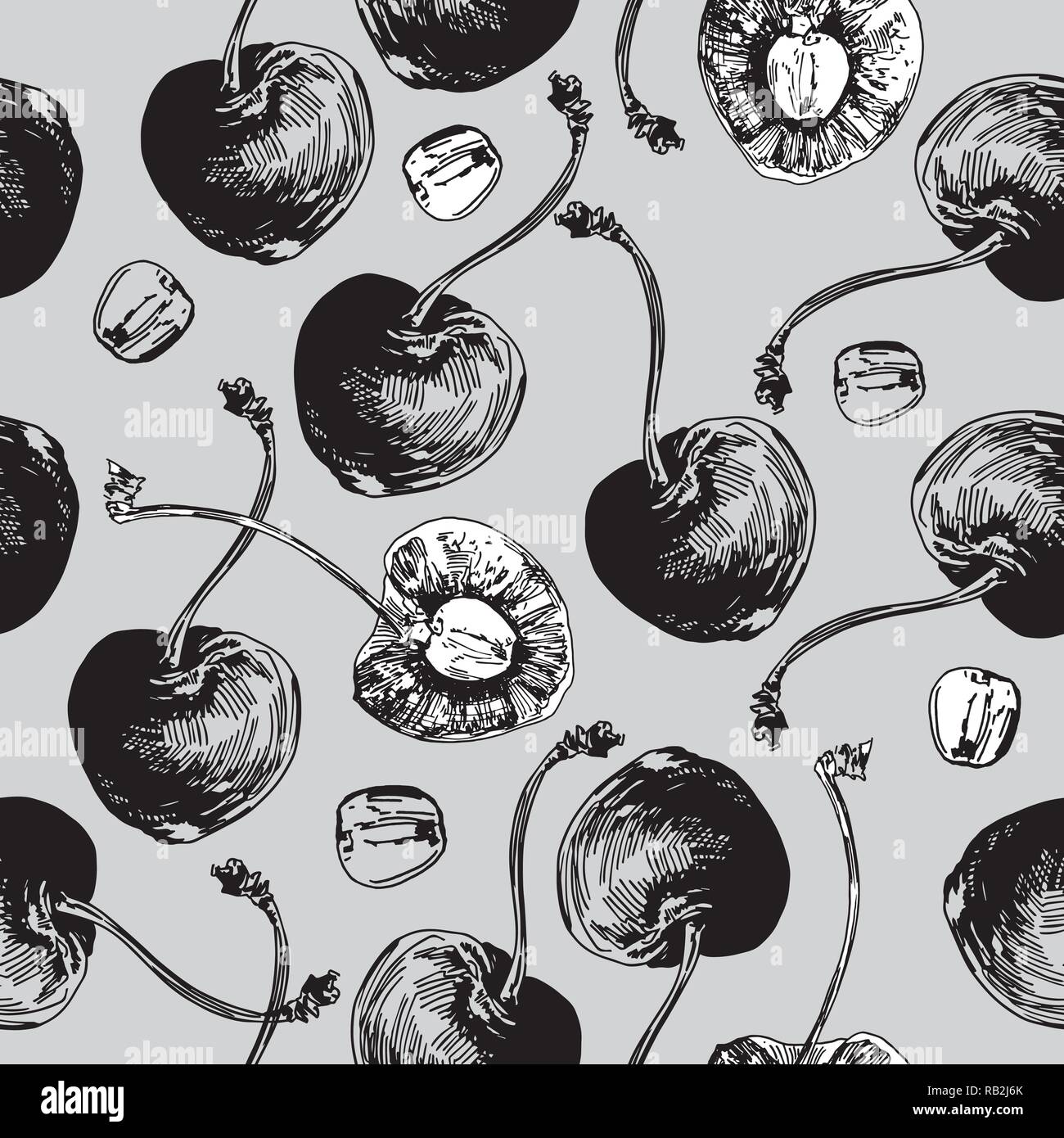 Cherries Graphic Seamless Pattern on Grey Background Stock Vector
