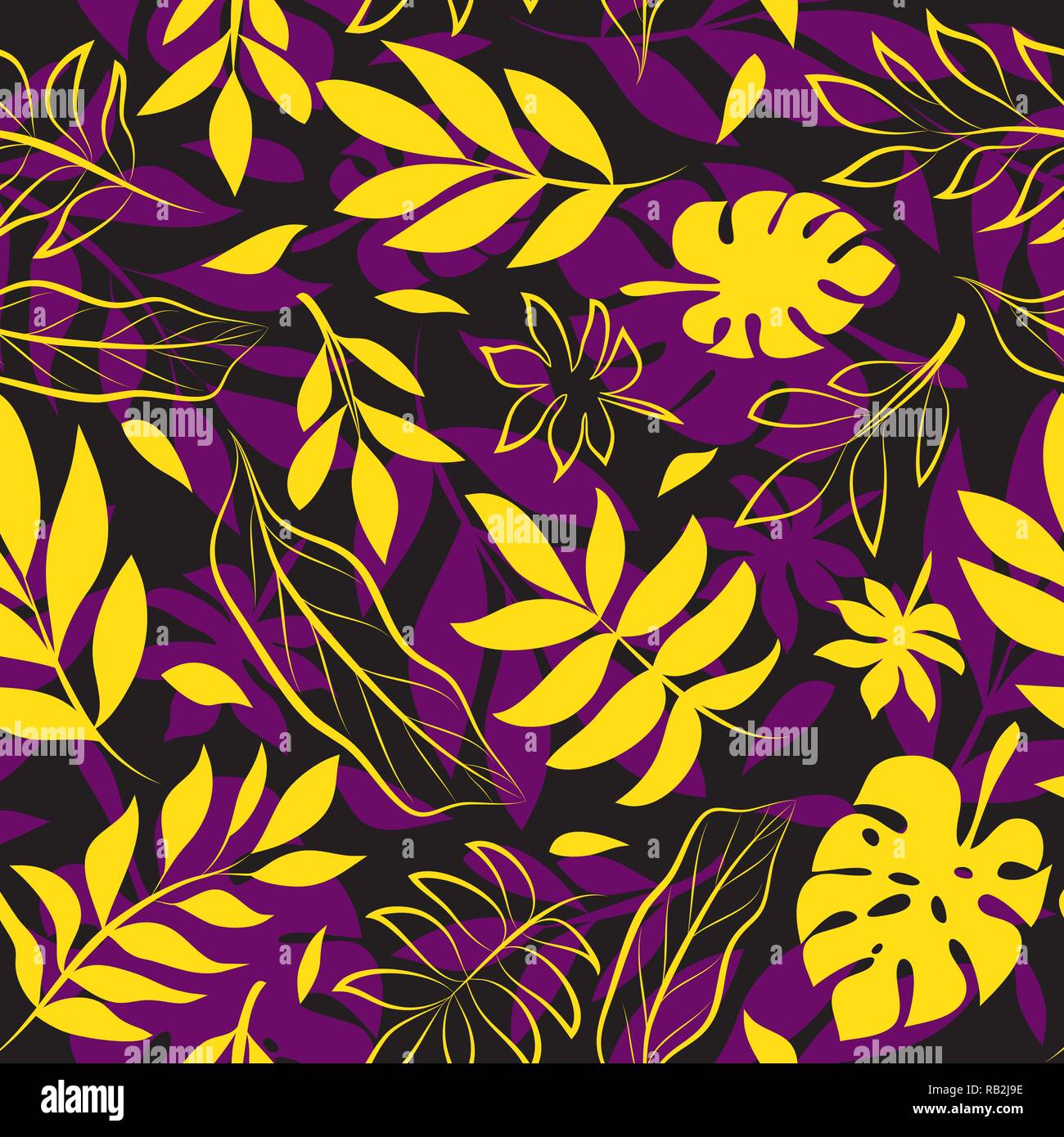 Yellow and Purple Exotic Leaf Seamless Pattern Stock Vector