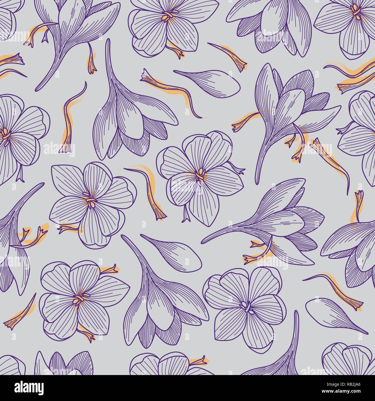 Detailed Purple Crocus Flowers And Saffron Line Drawing Seamless Pattern On Grey Background Stock Vector Image Art Alamy