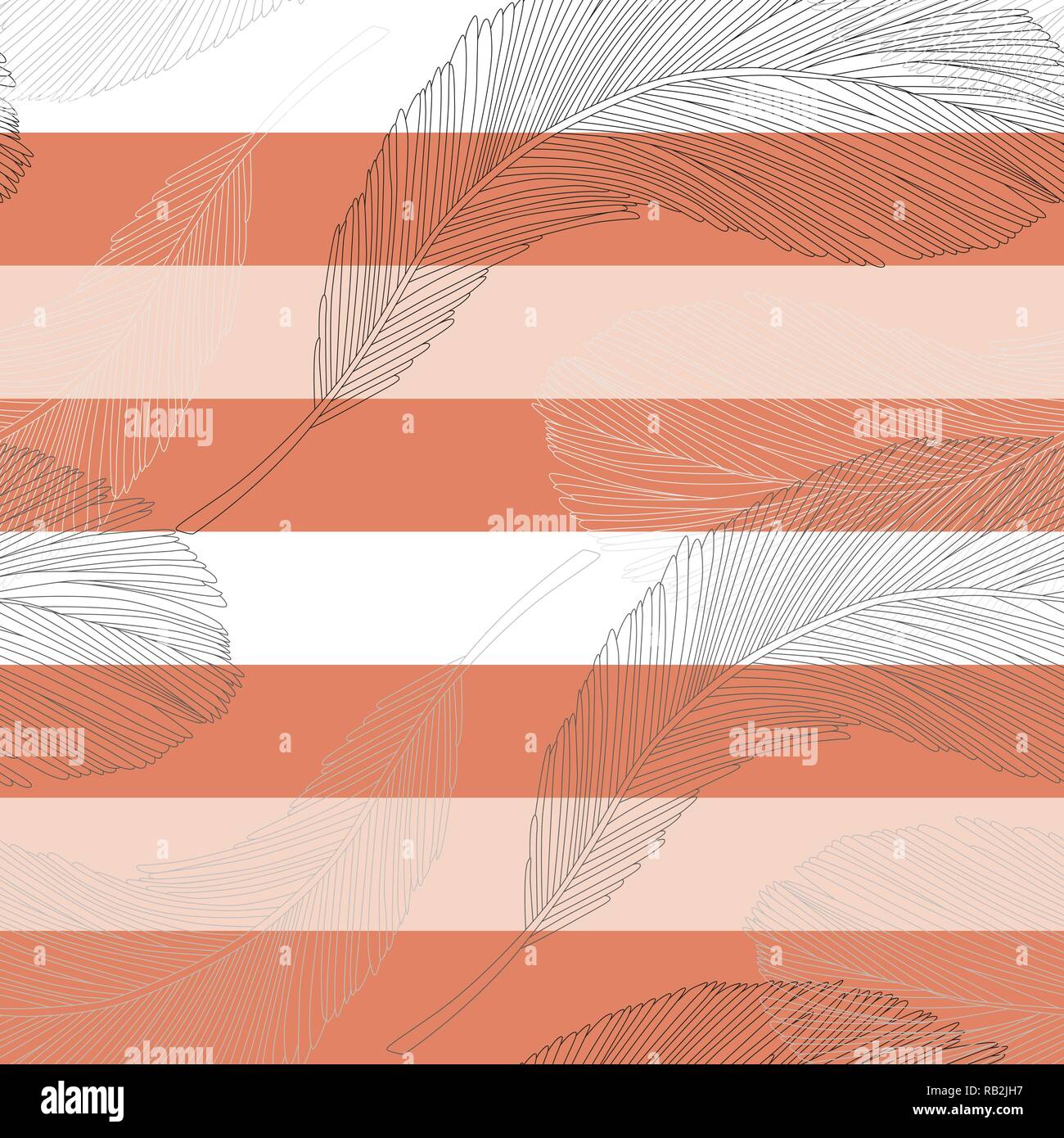 Detailed Grey Feathers Line Drawing Seamless Pattern on Striped Background Stock Vector