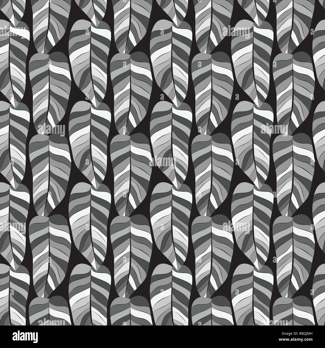 Leaf Seamless Pattern in Greys on Black Background Stock Vector