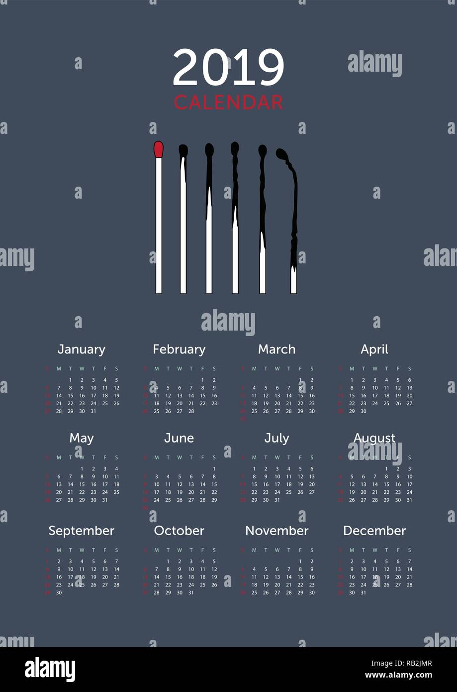 Matchstick Burning Stages. Minimalist 2019 Calendar on Dark Blue Stock