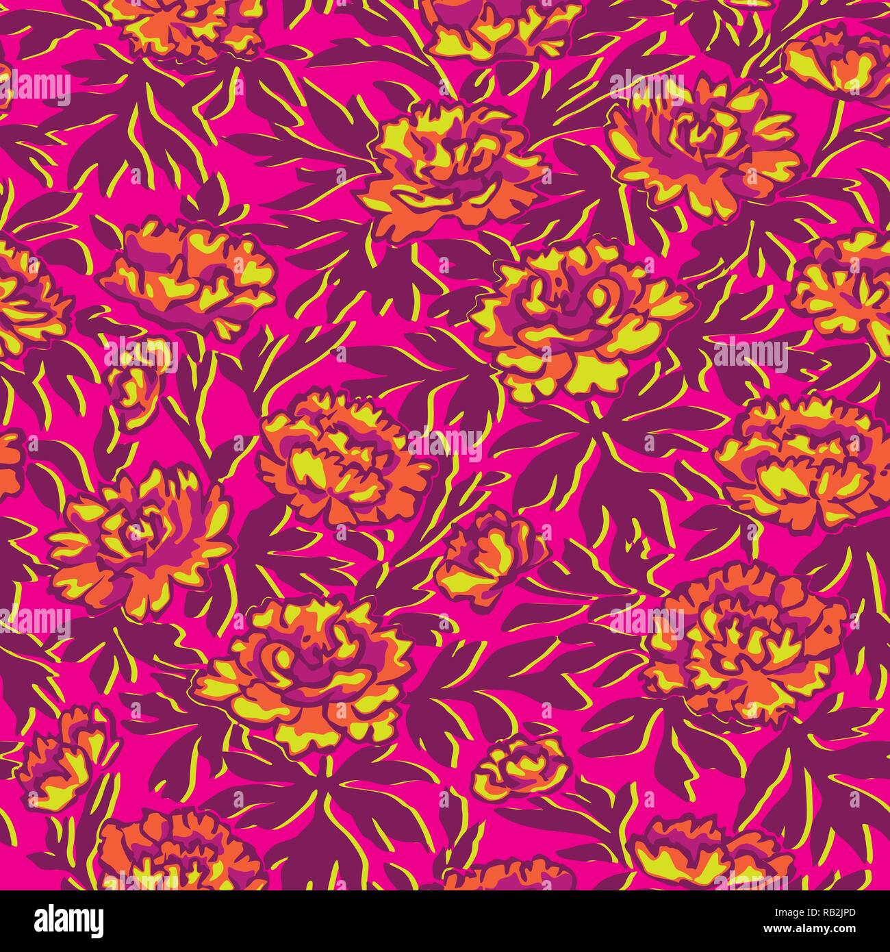 Colorful Hand-drawn Peonies Seamless Pattern on Pink Background Stock Vector