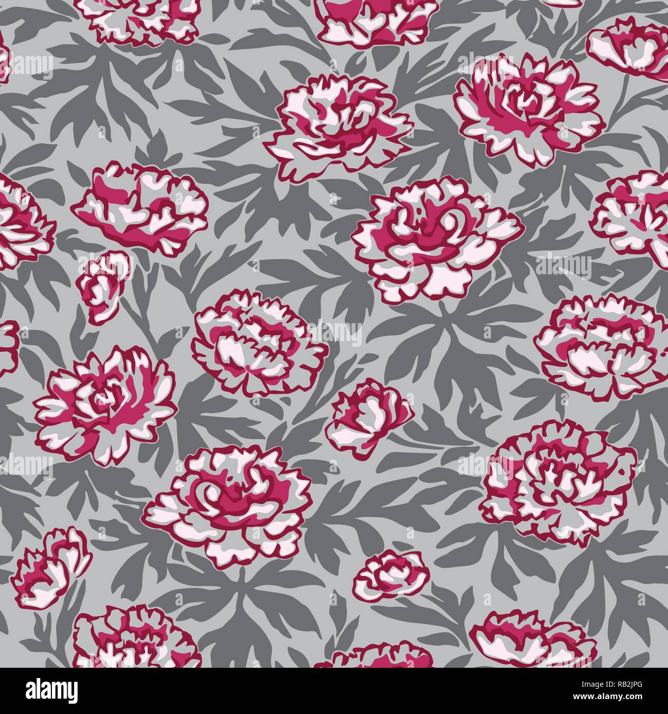 Elegant Hand-drawn Peonies Seamless Pattern on Gray Background Stock Vector