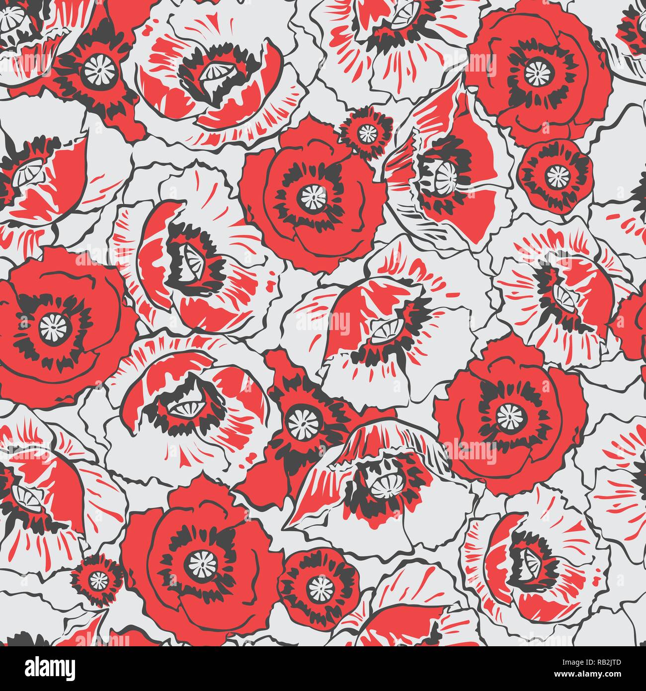 Decorative Red Poppies Flower Meadow Seamless Pattern on Light Grey Background Stock Vector