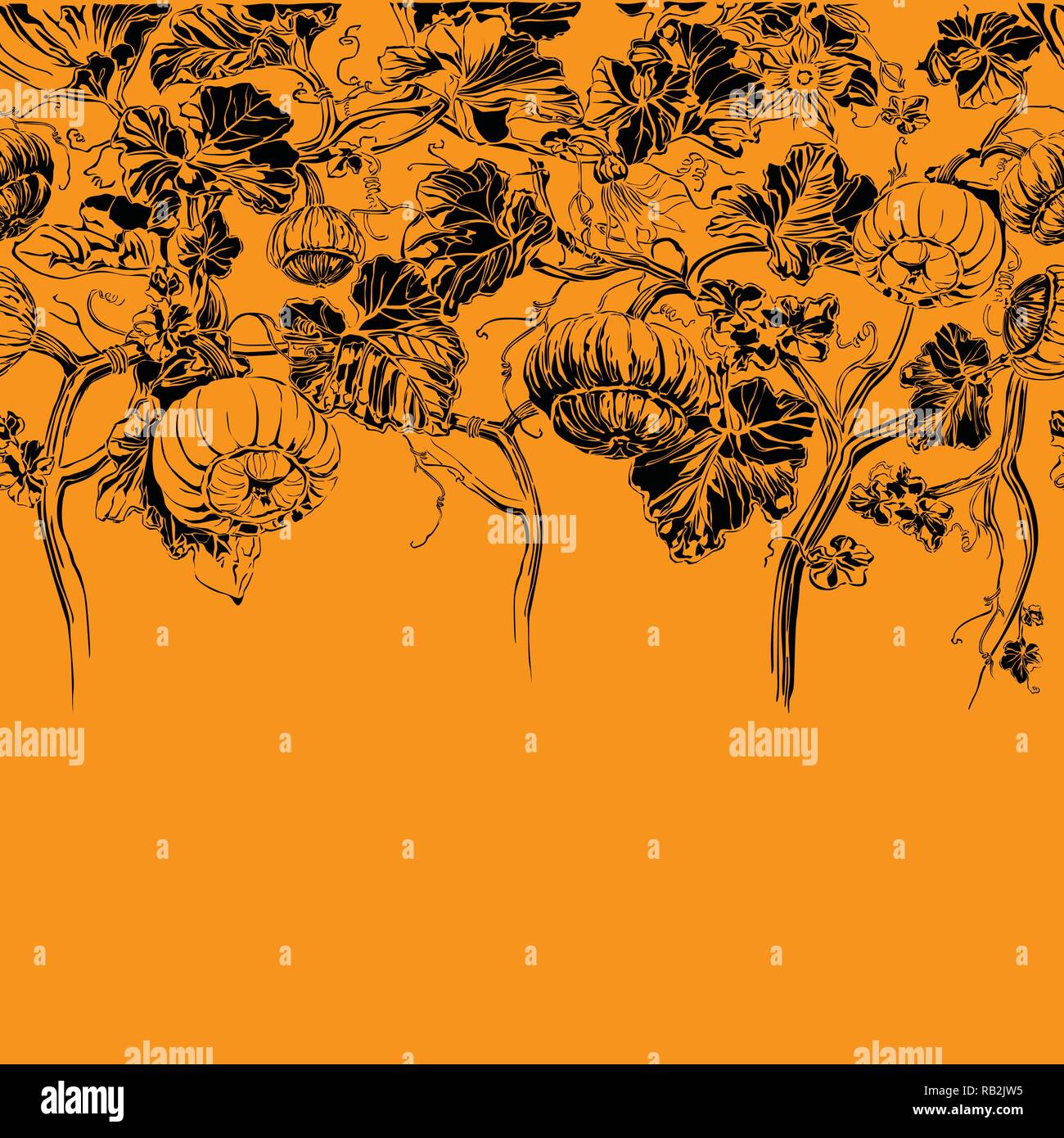 Botanical Pumpkin Field Pattern Border. Black Drawing on Orange. Halloween Design Stock Vector