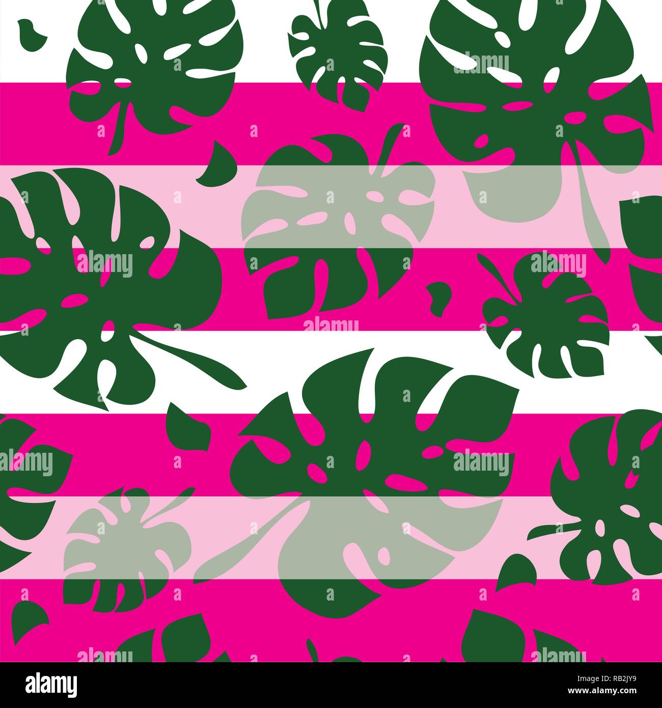 Green Tropical Leaves Seamless Pattern with Pink Stripes Stock Vector