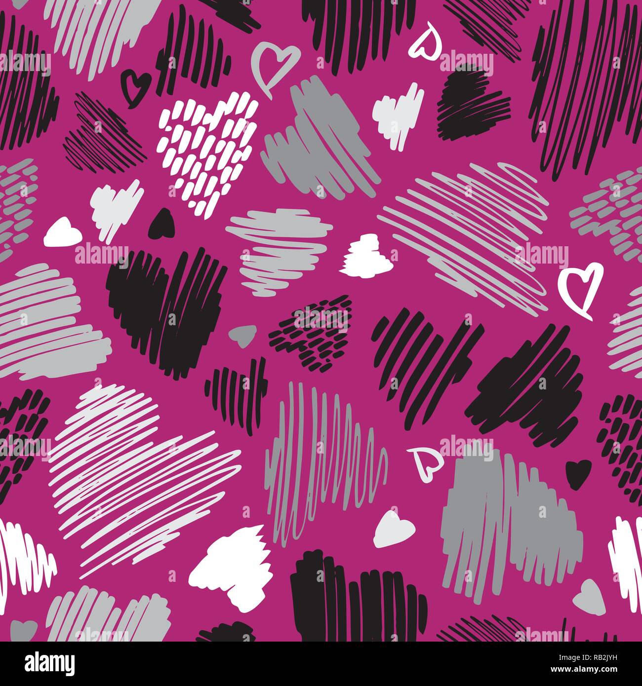 Abstract Hand Drawn Line Hearts Valentines Day Seamless Pattern on Magenta Pink Stock Vector