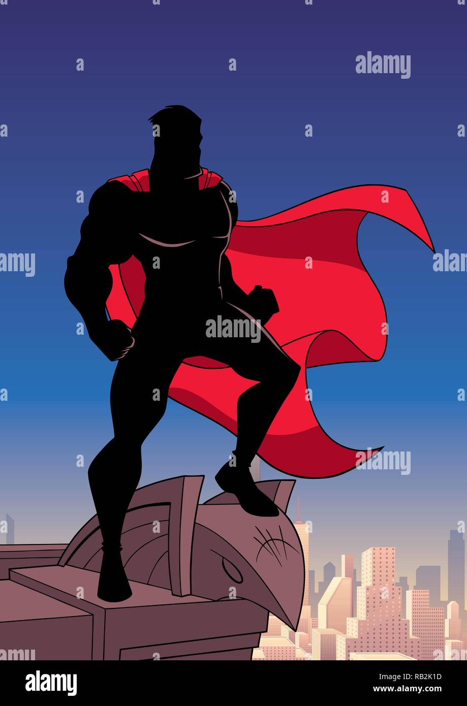 Superhero Watching City Silhouette Stock Vector