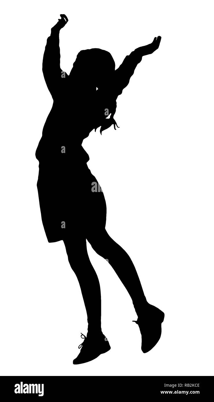 Silhouette of Girl with long hair and short skirt jumping with hands in the air. Stock Photo