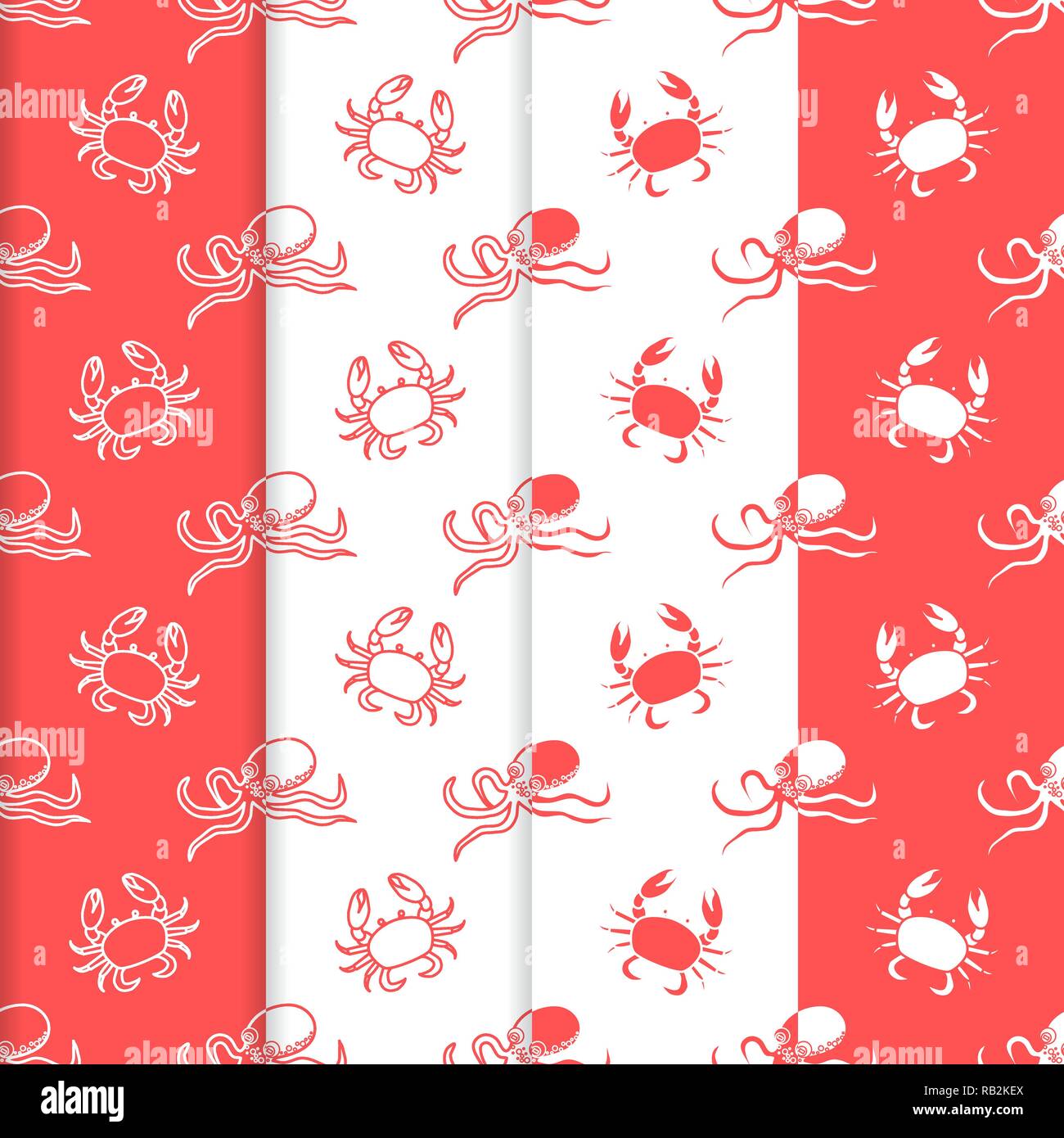 Set of 4 vector seamless pattern with octopuses and crabs. Sea ...