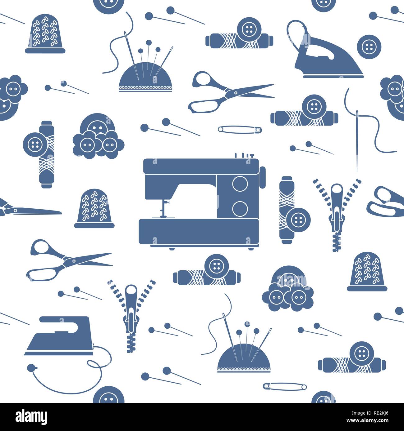 Seamless pattern with zipper, needles, thimble, pins, threads, buttons ...
